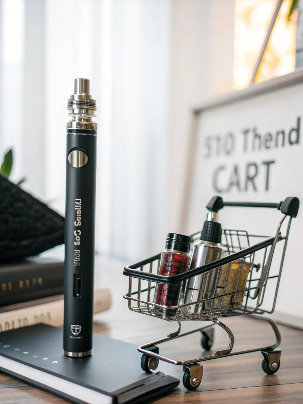 A detailed image of a 510 thread cart, showcasing its compatibility with various vape batteries and the ease of use it offers, placed on a modern vape pen.