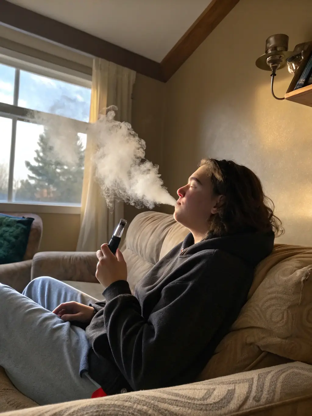 A lifestyle shot of someone using a vape pen with a focus on the vapor and the relaxed expression of the user, suggesting the enjoyable experience of vaping Kushpot products.