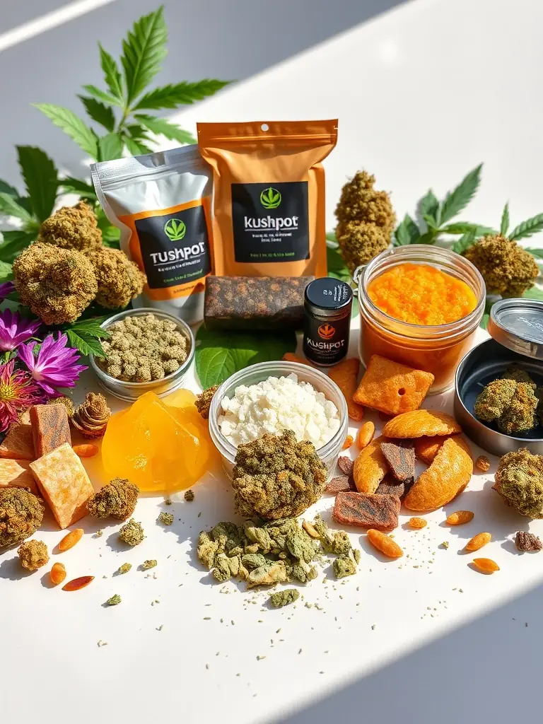 A vibrant display of THC flowers, edibles, and hash, arranged artfully to highlight the variety and quality of Kushpot's THC product offerings.