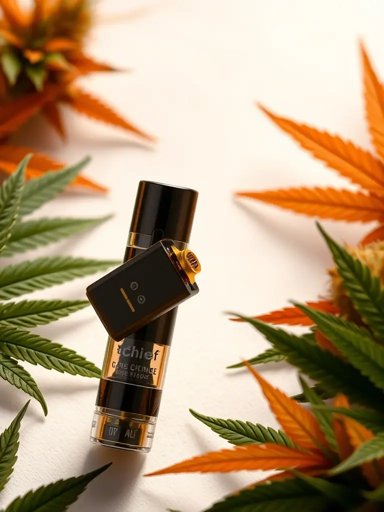 A detailed image of a Big Chief Vape cartridge, showcasing its high-quality construction and the rich, golden oil inside, set against a backdrop of cannabis leaves.